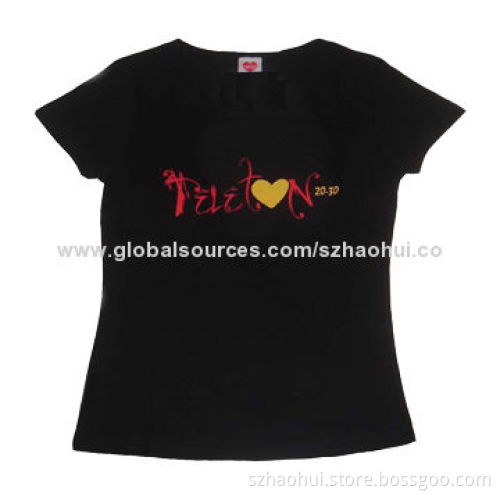 Girls' Black T-shirt with Printing, Made of 100% Cotton, Sized XS-3XL, Color Can be Customized